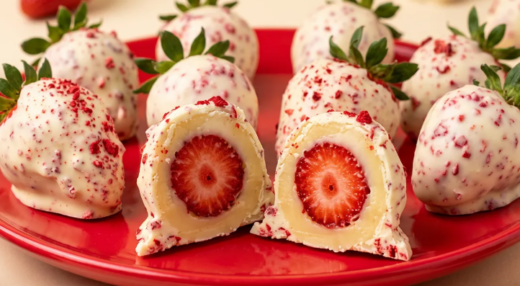 morangos cravejados dentro de um prato vermelho